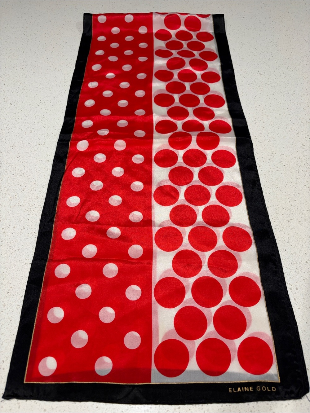 Elaine Gold - Red and White Polka Dot Silk Scarf with Black and Gold Boarder.